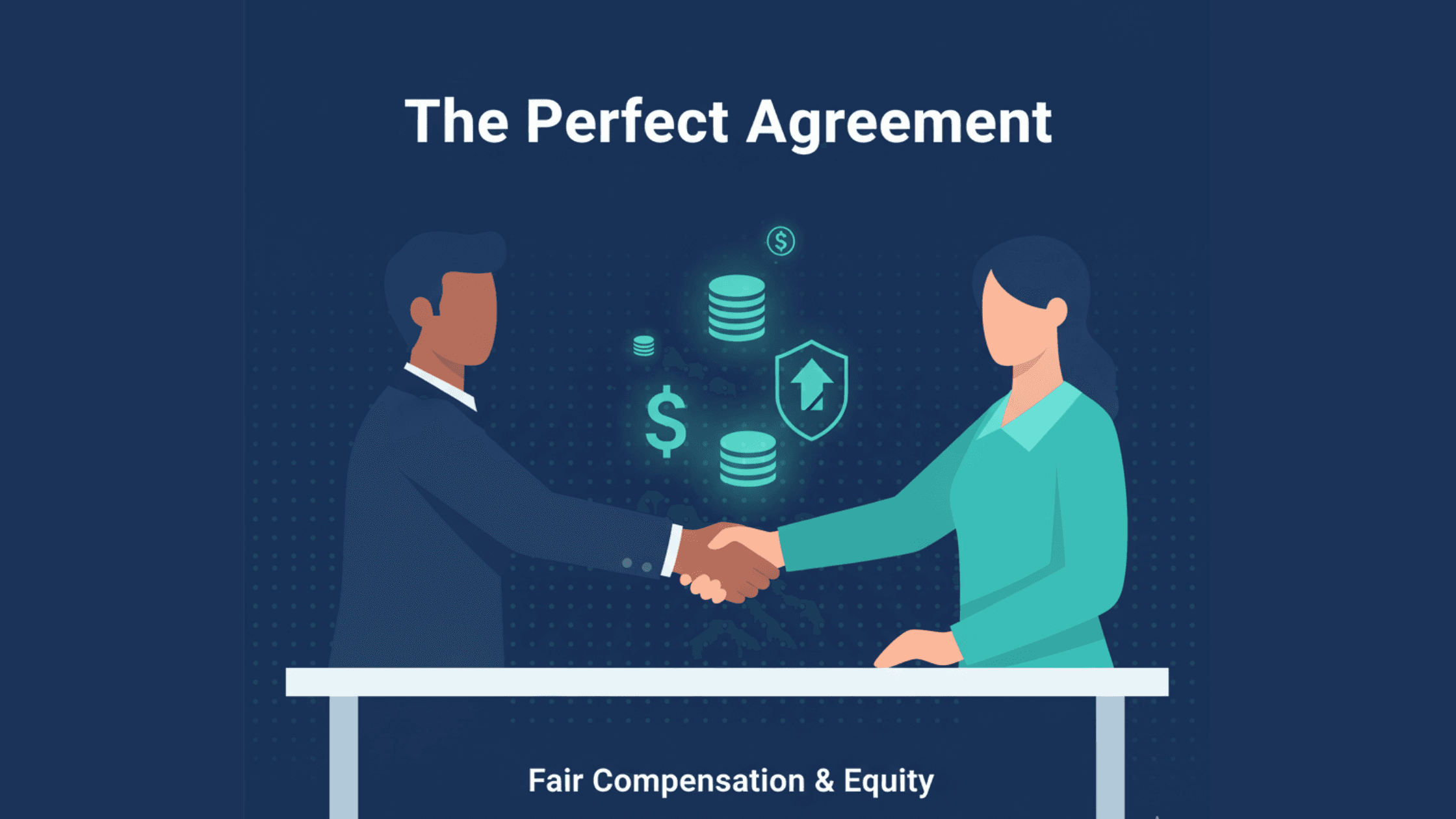 Two professionals shaking hands with transparent equity and salary icons.