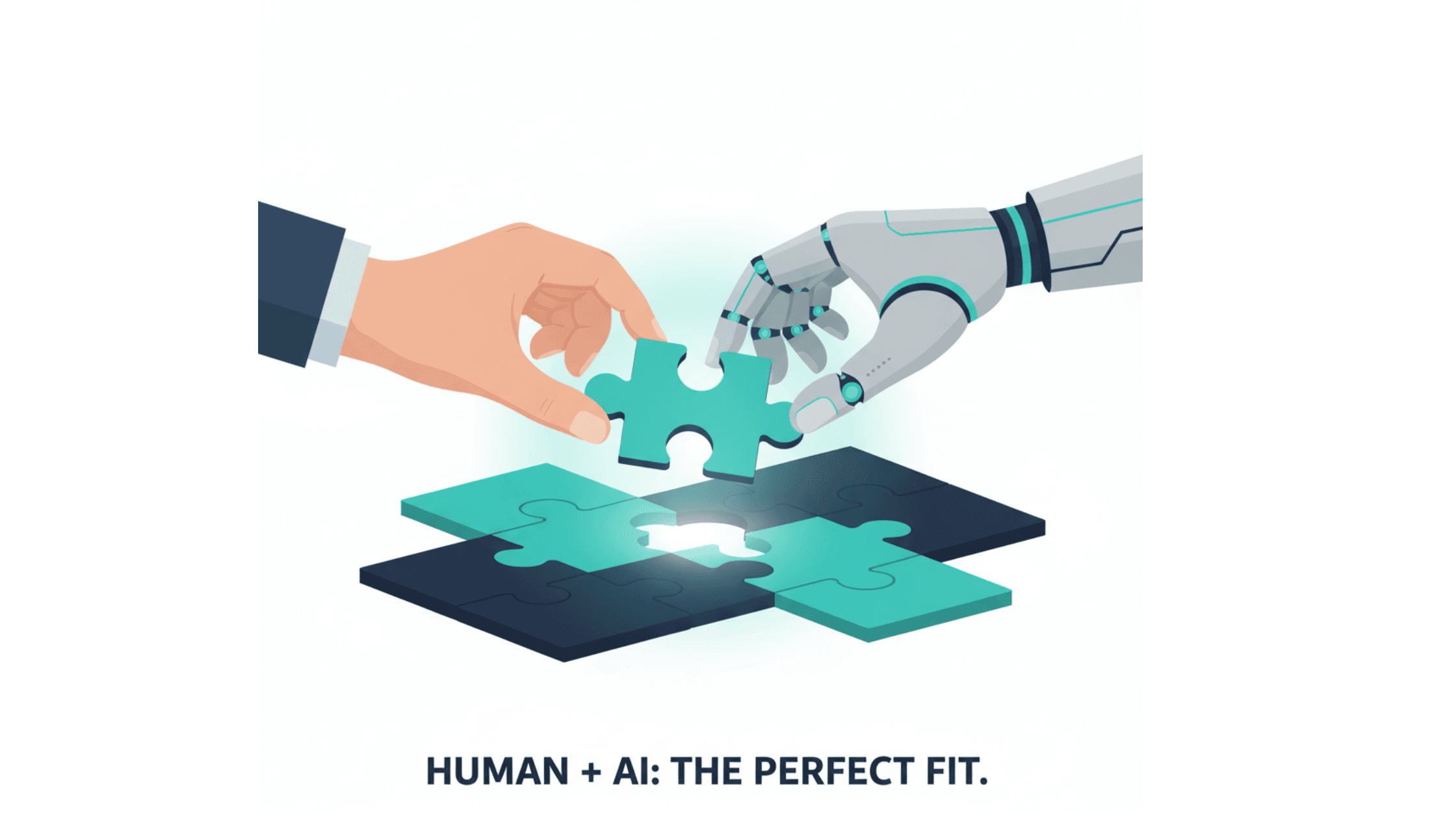 Human hand and robotic hand connecting teal puzzle pieces representing AI collaboration