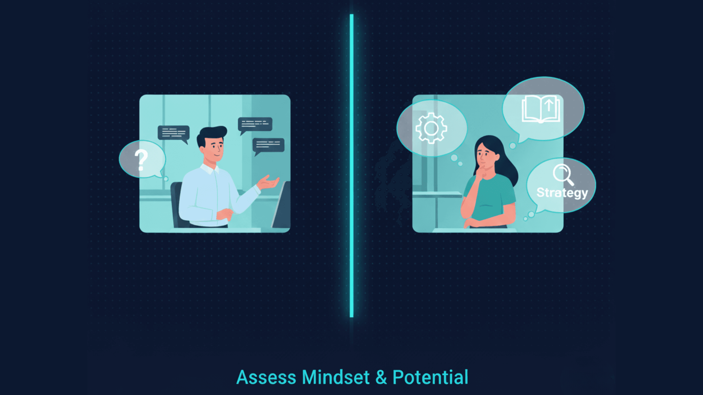 Interviewer and candidate exchange questions with thought bubbles.